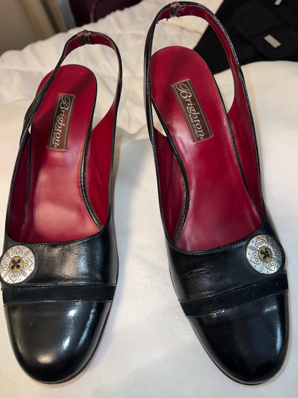 Brighton Bree Black Leather Slingback Mules with Red Insole